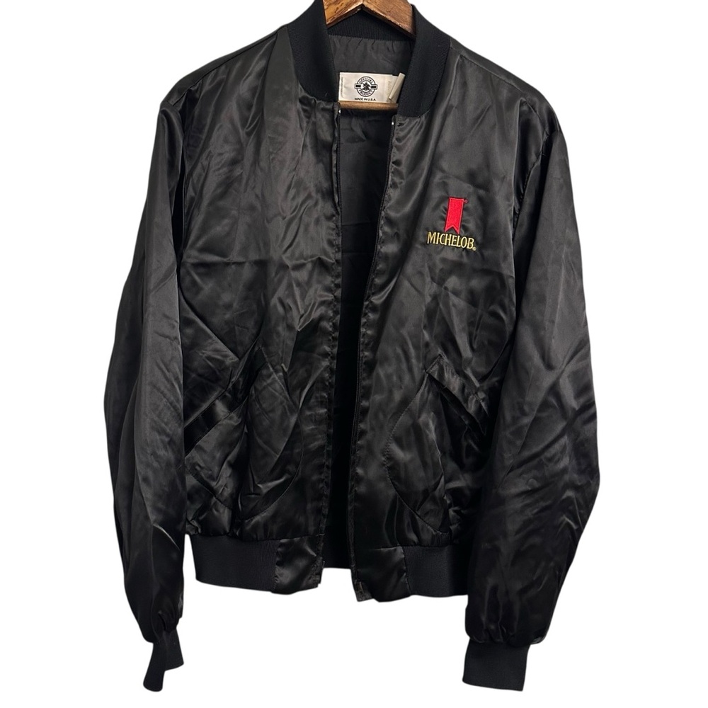 Vintage Michelob Beer Anheuser Busch Zip Black Satin Bomber Jacket Men’s Large